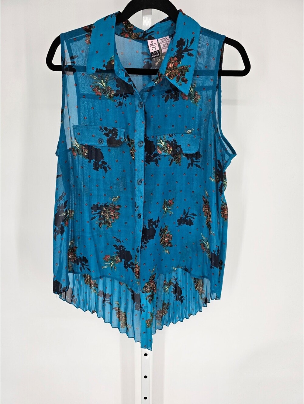 Love on a Hanger Blue Polyester Floral Hi-Low Pleated Sleeveless Blouse Size XL
